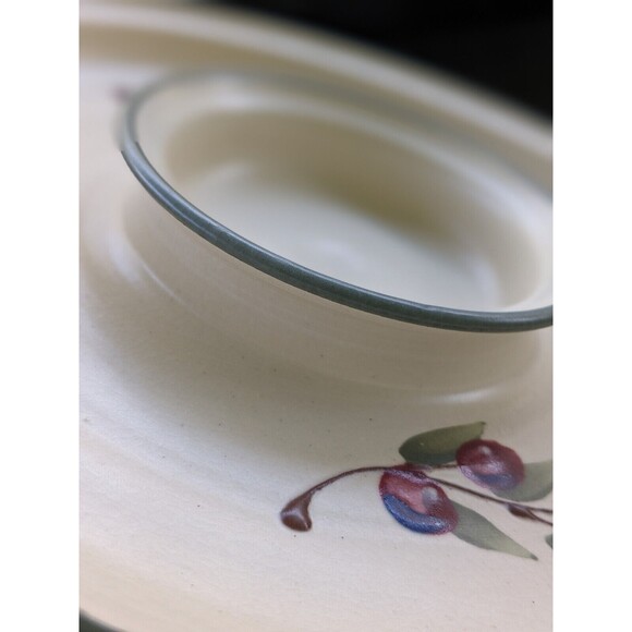 Cranberry Pottery Appetizer Dish With Bowl Attached for Dip Signed KTJ Red Cream - Picture 4 of 10